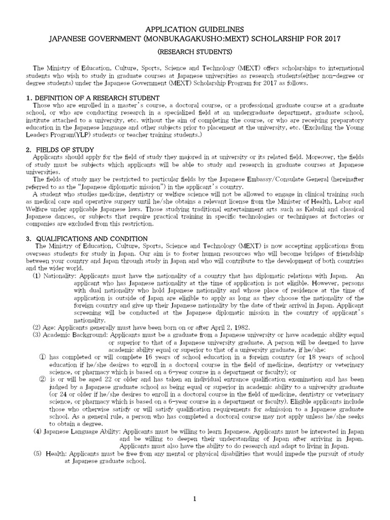 Application Guidelines Japanese Government (Monbukagakusho:Mext ...