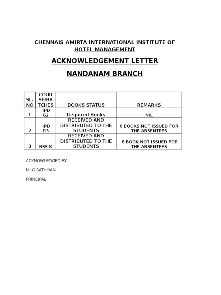 Acknowledgement Letter Nandanam Branch: Chennais Amirta International ...