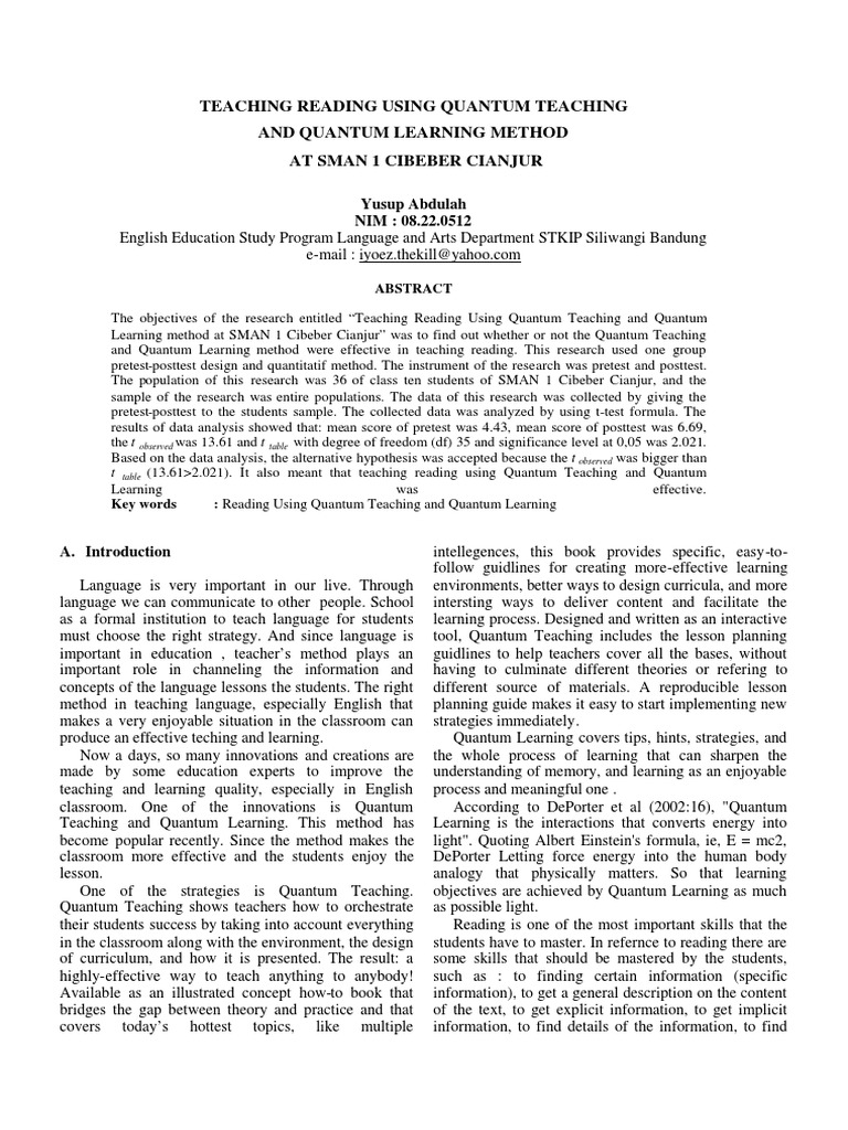 Teaching Reading Using Quantum Teaching | PDF | Student's T Test | Learning