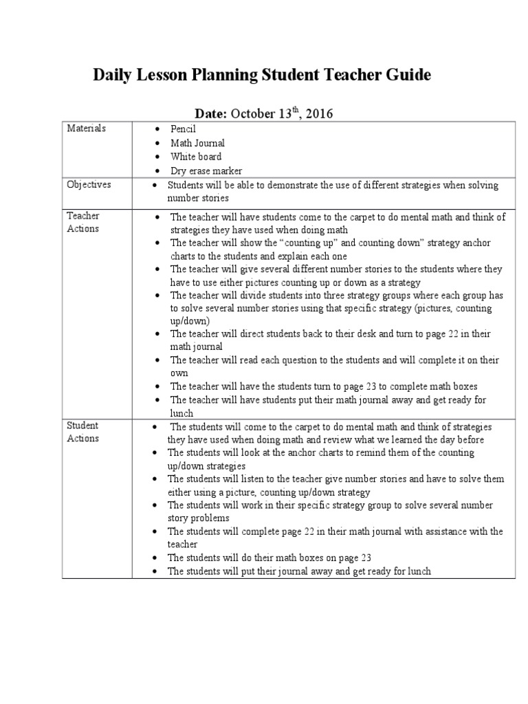 Daily Lesson Planning Student Teacher Guide: Date: October 13 | PDF