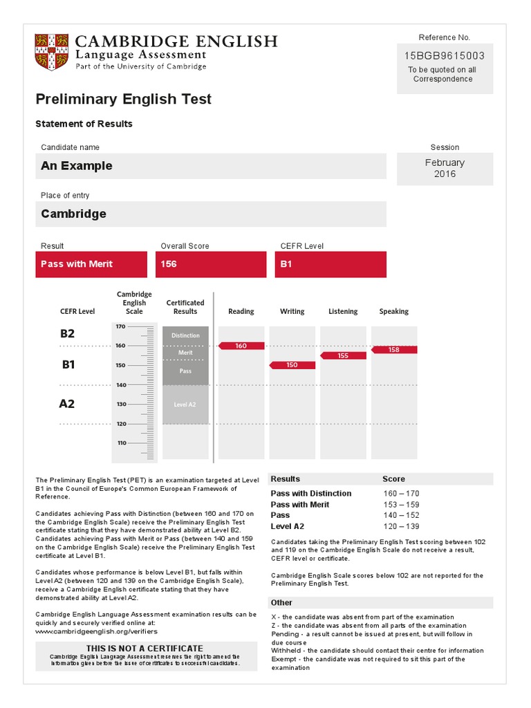 Cambridge English Preliminary Sample Statement of Results Scale PDF