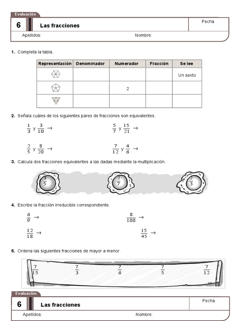 Ejercicios de fracciones 6º primaria | PDF