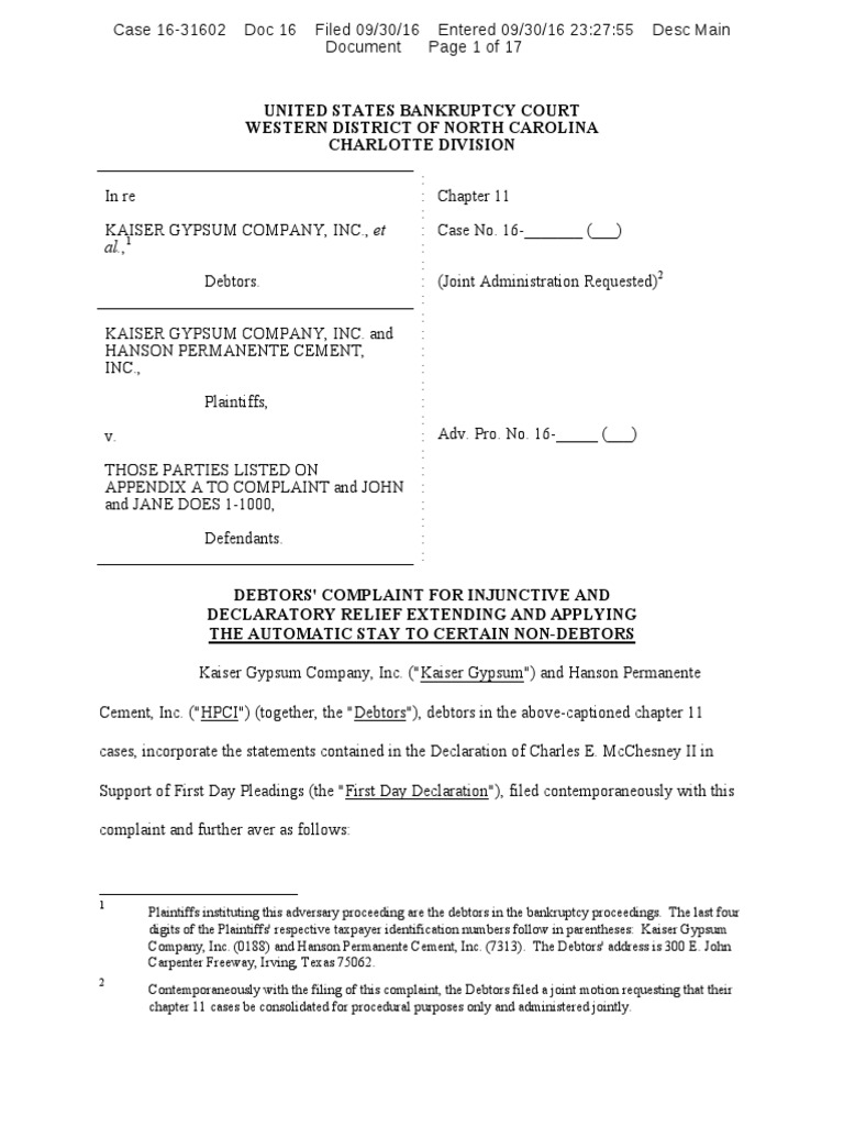 Kaiser Gypsum - Injunctive Relief Complaint - Full Version With List of  Claims by Plaintiff Firm | PDF | Bankruptcy In The United States | Chapter  11