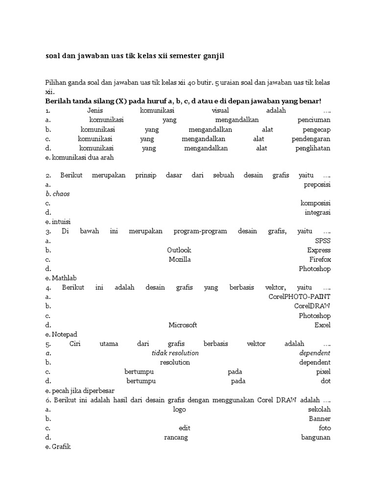 Soal Dan Jawaban Uas Tik Kelas Xii Semester Ganjil