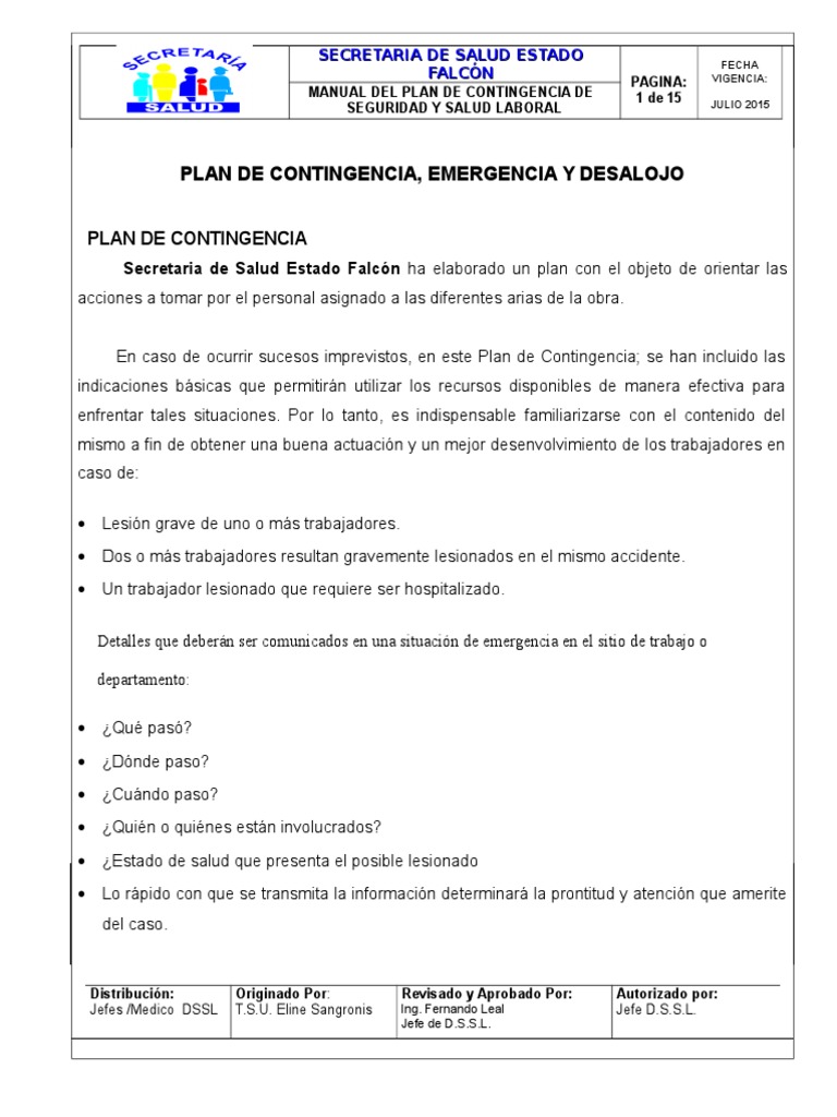 Plan de Contingencia y Emergencia Laboral | PDF | Primeros auxilios ...