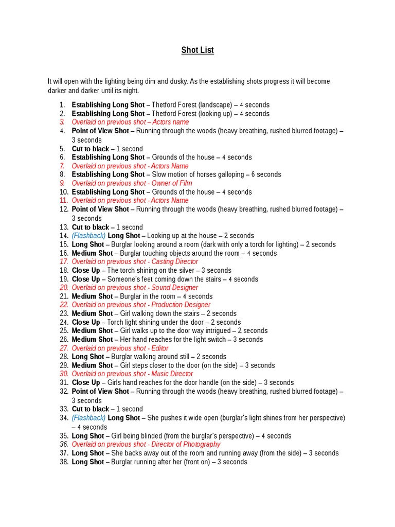 Shot List: 11. Overlaid On Previous Shot - Actors Name | PDF | Leisure