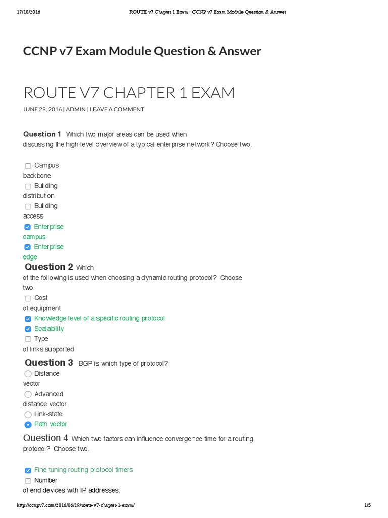 ROUTE v7 Chapter 1 Exam - CCNP v7 Exam Module Question & Answer | PDF ...