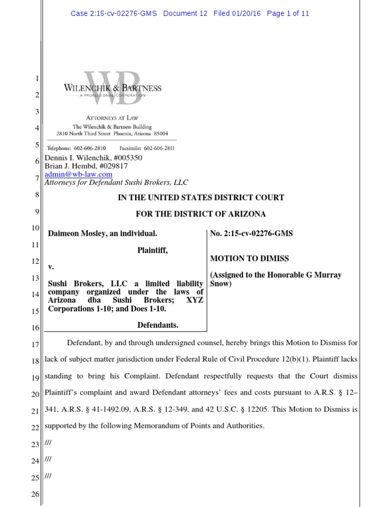 ADA Lawsuit Motion to Dismiss Standing (Law) Lawsuit