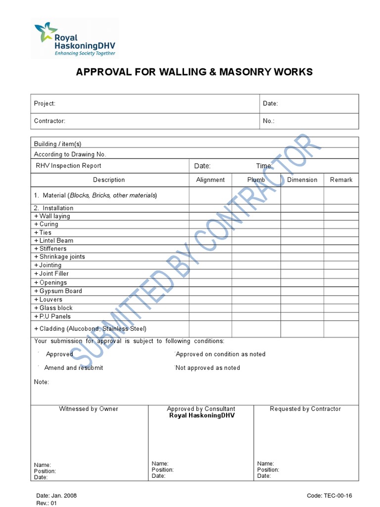 Approval For Walling & Masonry Works: Date: Time | PDF
