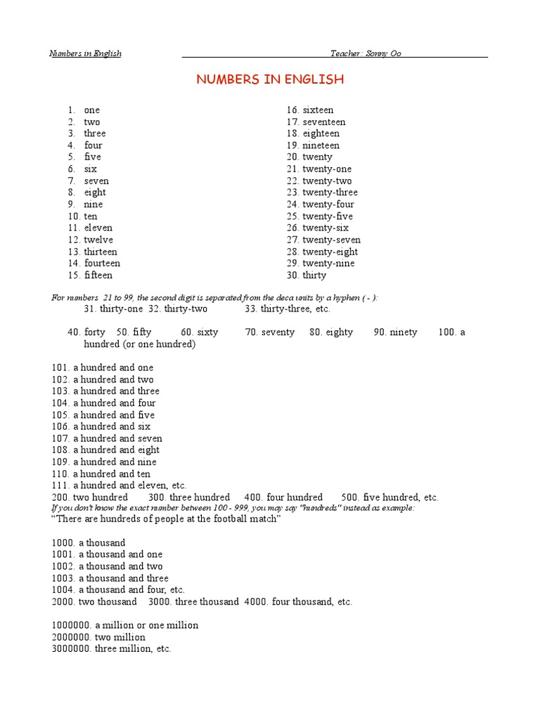 Numbers In English