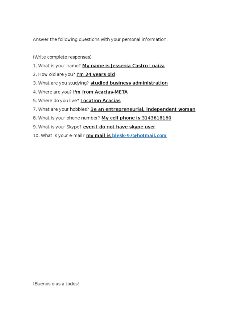 Answer The Following Questions With Your Personal Information | PDF