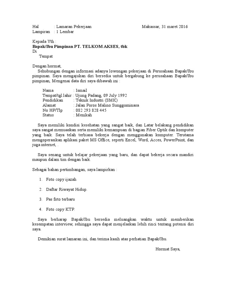 Contoh Surat Lamaran Kerja Di Pt Telkom - Berbagi Contoh Surat