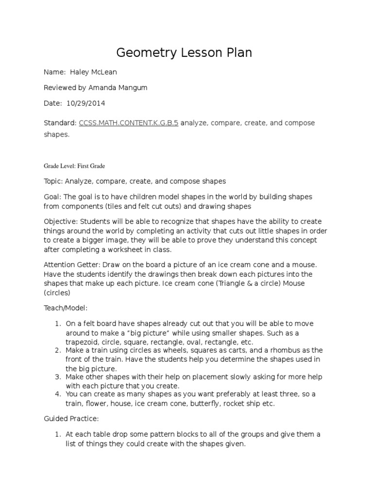 Geometry Lesson Plan: Ccss - Math.Content.K.G.B.5 | PDF | Career ...