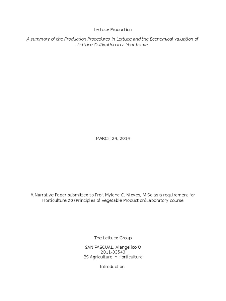 A Summary of The Production Procedures in Lettuce and The Economical