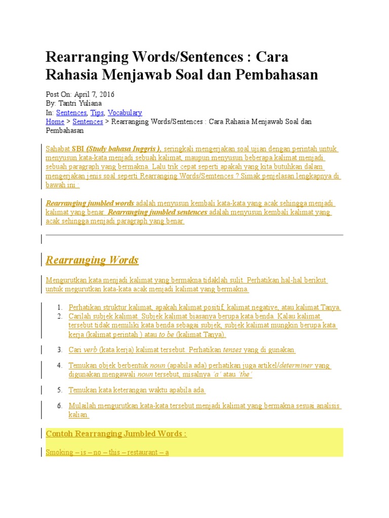 Contoh Soal Menyusun  Kalimat  Acak  Bahasa Indonesia 