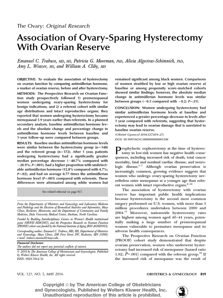 Association of Ovary Sparing Hysterectomy With Ovarian Reserve | PDF ...