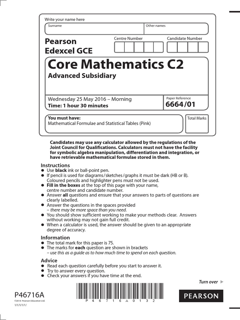 Core Mathematics C2: Pearson Edexcel GCE | PDF | Teaching Mathematics ...