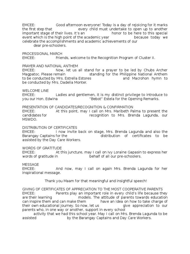 EMCEE Script For Graduation | PDF | Wellness | Language Arts & Discipline