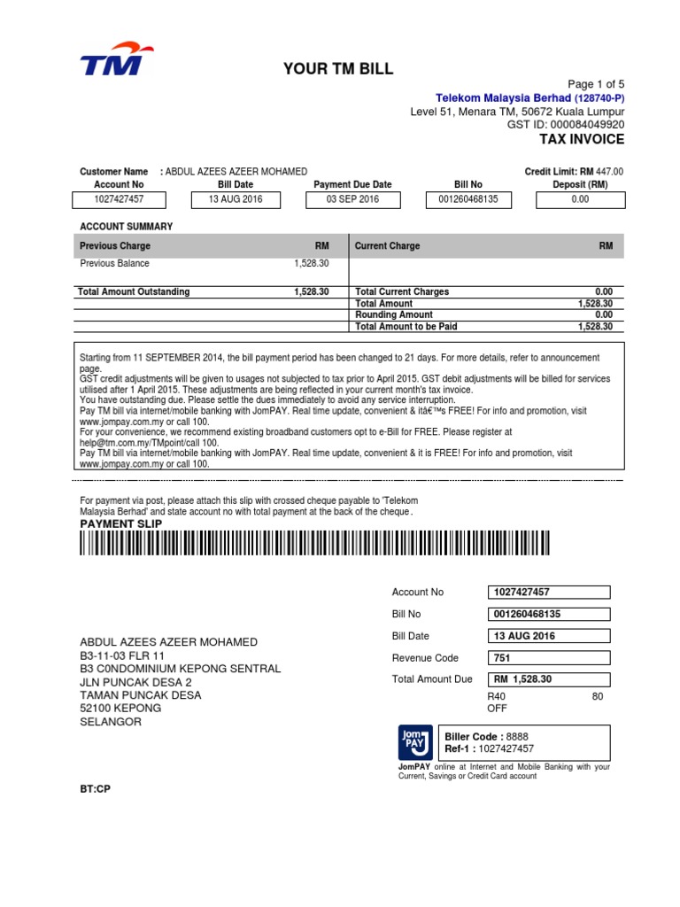 Malaysia Unifi Bill Templetes Pdf Invoice Debits And Credits