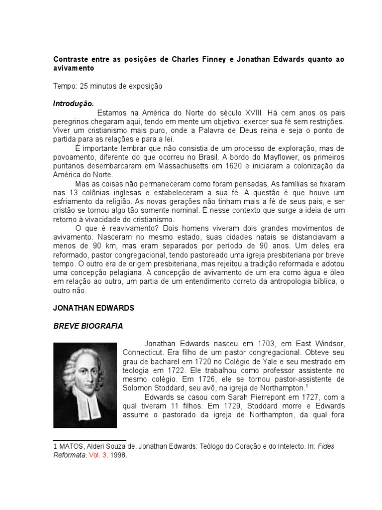Contraste Entre as Posições de Charles Finney e Jonathan Edwards Quanto Ao Avivamento (Teo. Sist