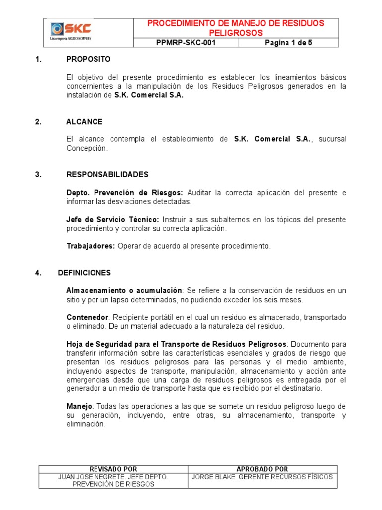 01 Procedimiento Manejo de Residuos Peligrosos | PDF | Residuos ...