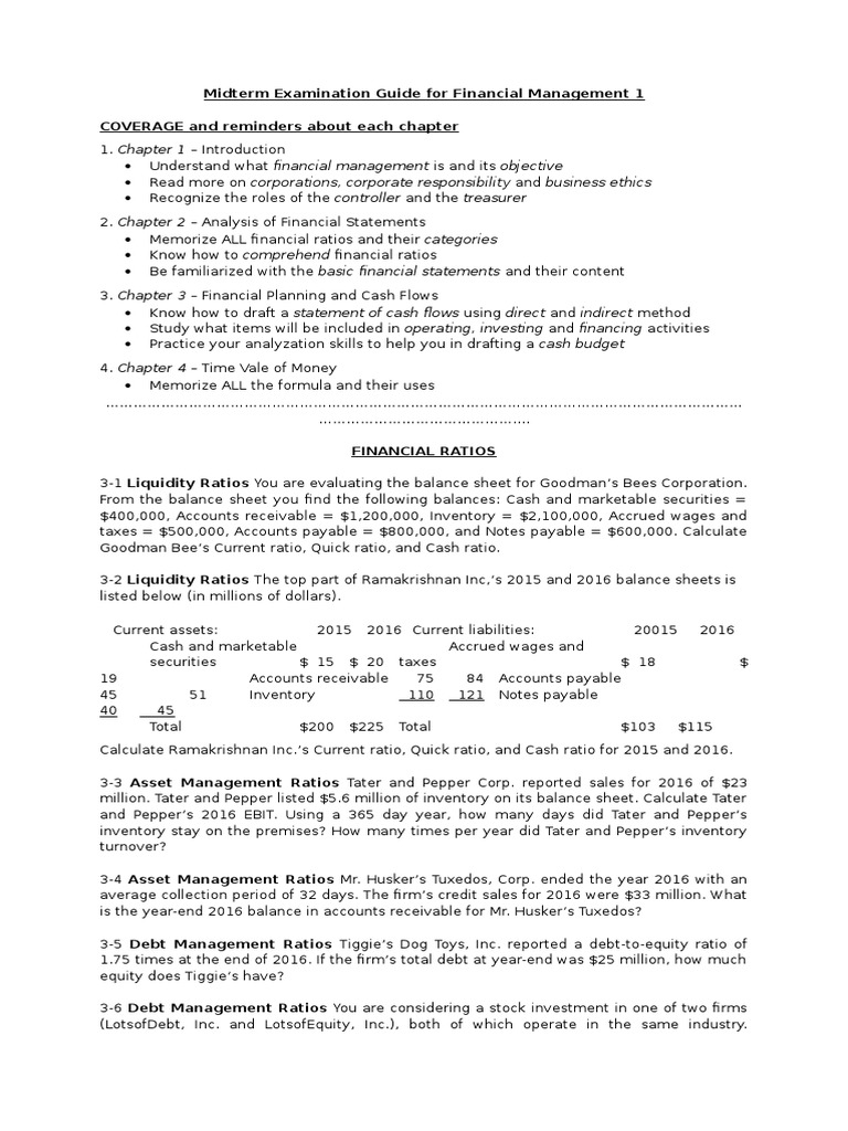 Financial Management Midterm Exam Guide | PDF | Expense | Balance Sheet
