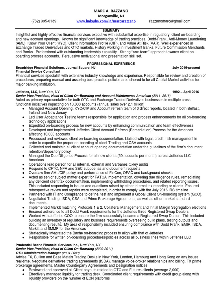 SVP Client On-Boarding Anti-Money Laundering in New York NY Resume Marc ...
