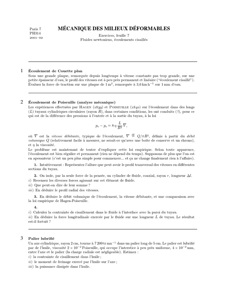 Écoulement de Poiseuille : Exercice Corrigé | PDF