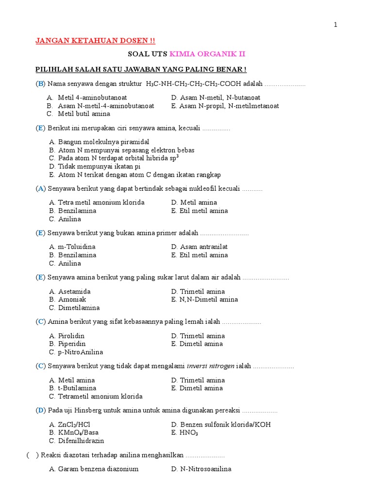 Soal Latihan Uts Kimia Organik Ii Amina