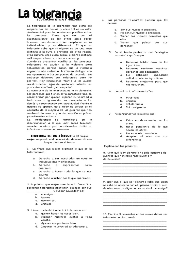 Etica y Valores, Taller Tolerancia | Tolerancia | Religión y ...