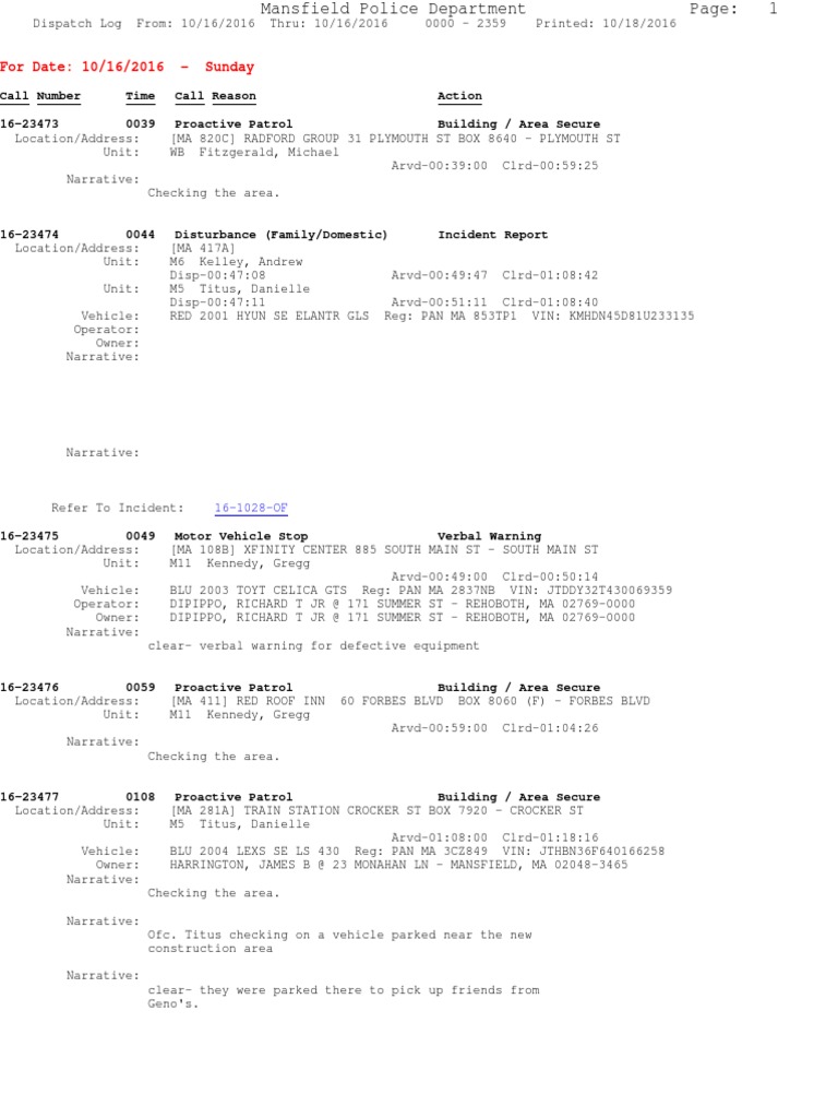 Police Log October 16, 2016 | PDF | Vehicles | Motor Vehicle