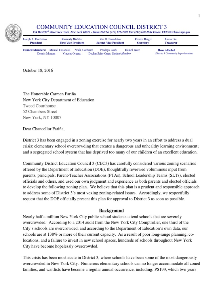 CEC3 Zoning Plan Letter to Chancellor Farina.finaL Zoning Schools