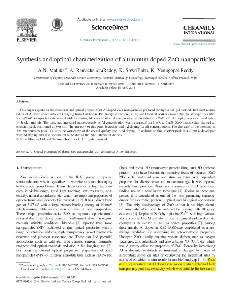 Al-Doped ZnO Nanoparticles Synthesis and Characterization | PDF | Zinc ...