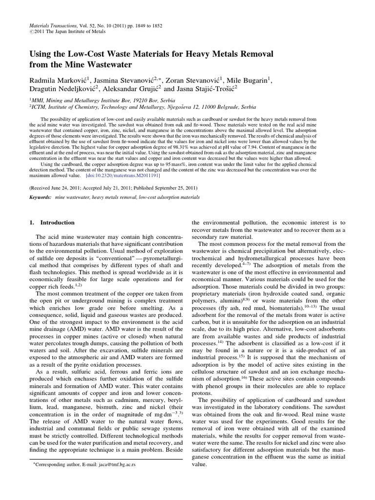 Using The Low-Cost Waste Materials For Heavy Metals Removal From The ...