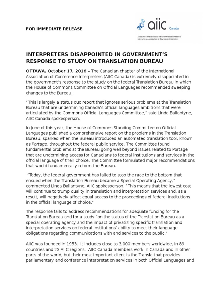 AIIC Press Release Translation Bureau PDF Language
