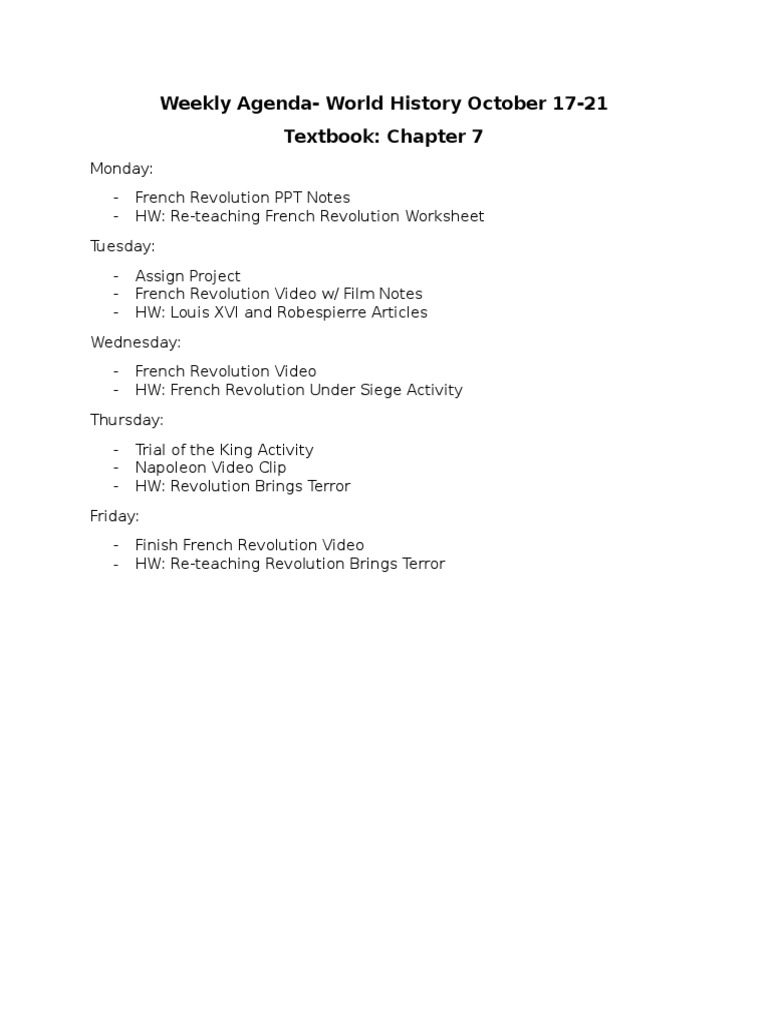 Weekly World History Agenda: Oct 17-21 | PDF