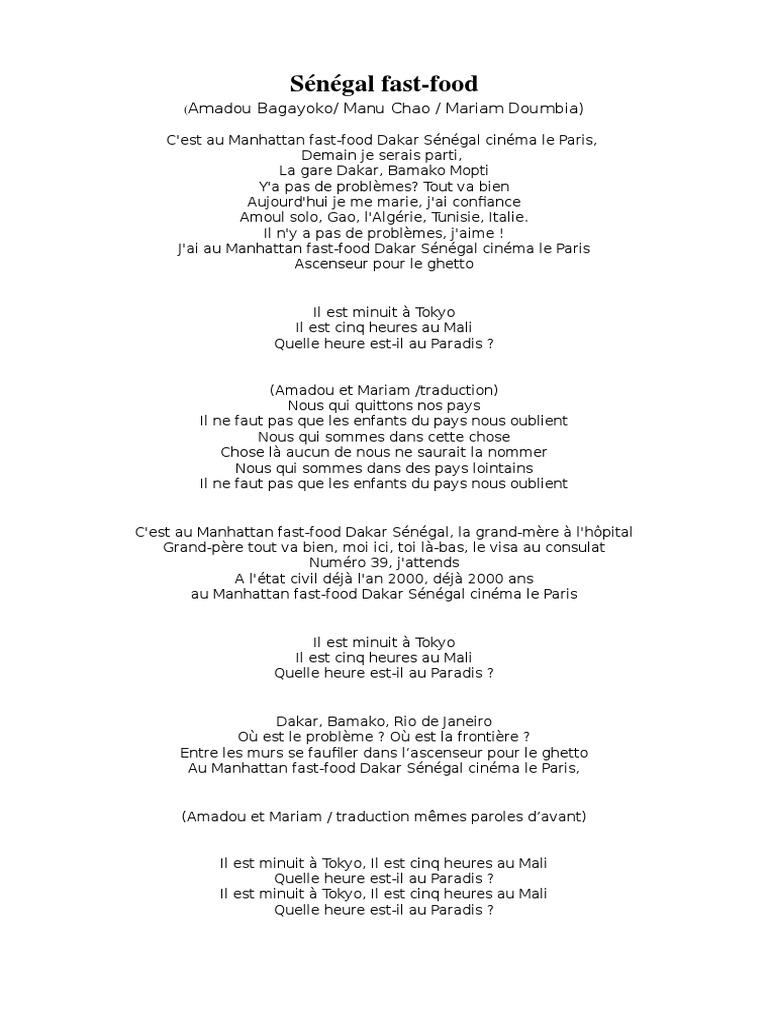Il Y A Et C Est Senegal Fast Food Amadou Mariam Manu Chao Pdf
