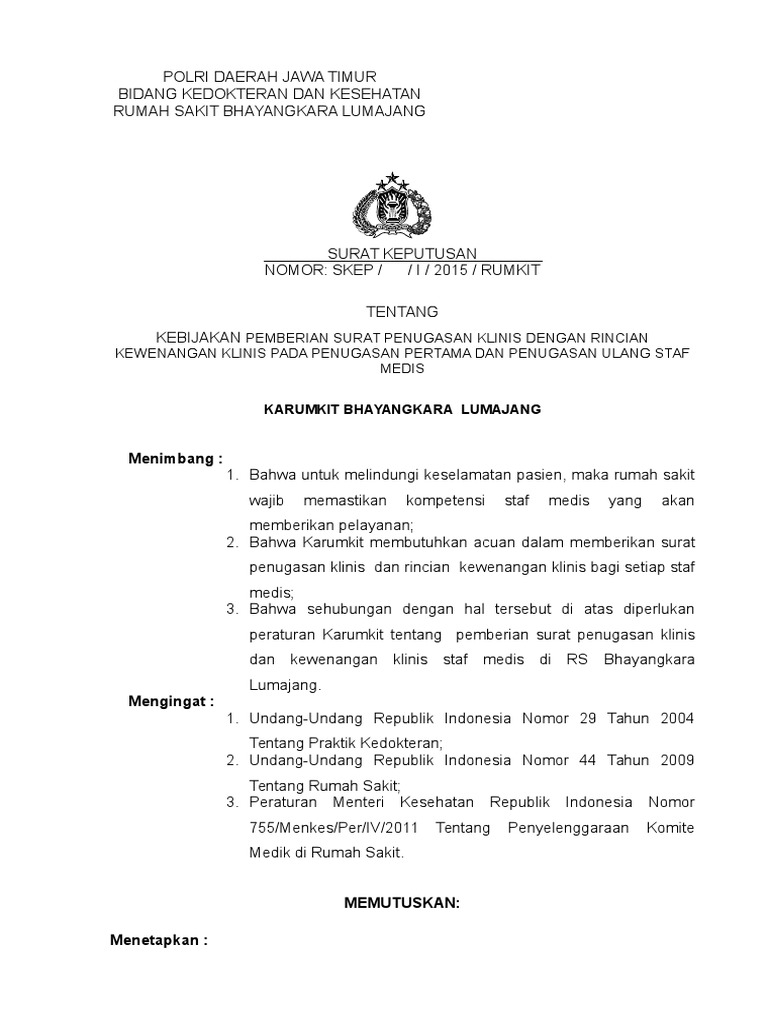 Kebijakan Surat Penugasan Klinis RS Bhayangkara | PDF