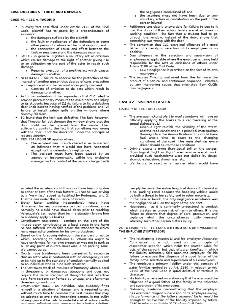 Torts and Damages Case Analysis | PDF | Negligence | Tort