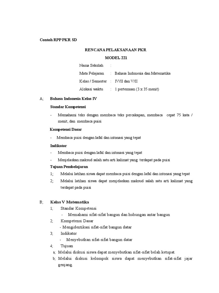 RPP PKR Bahasa dan Matematika SD | PDF
