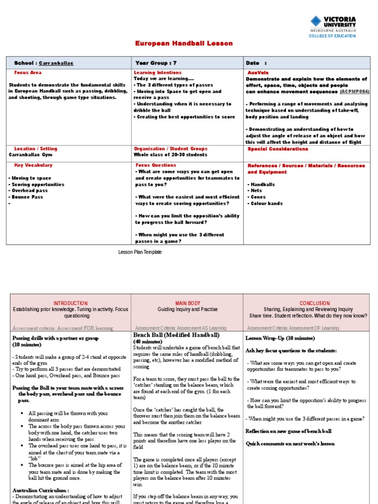 European Handball Lesson PDF Educational Assessment Lesson Plan