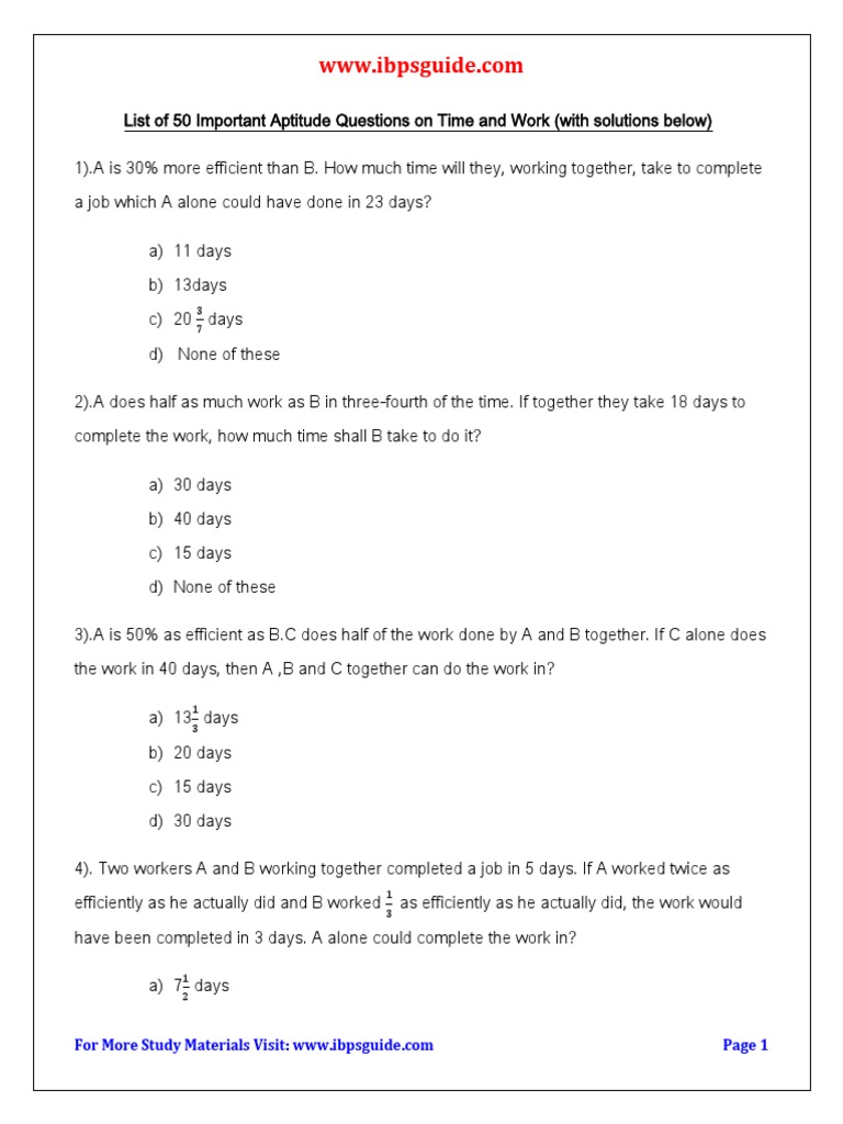 List of 50 Aptitude Questions On Time and Work Download in PDF With