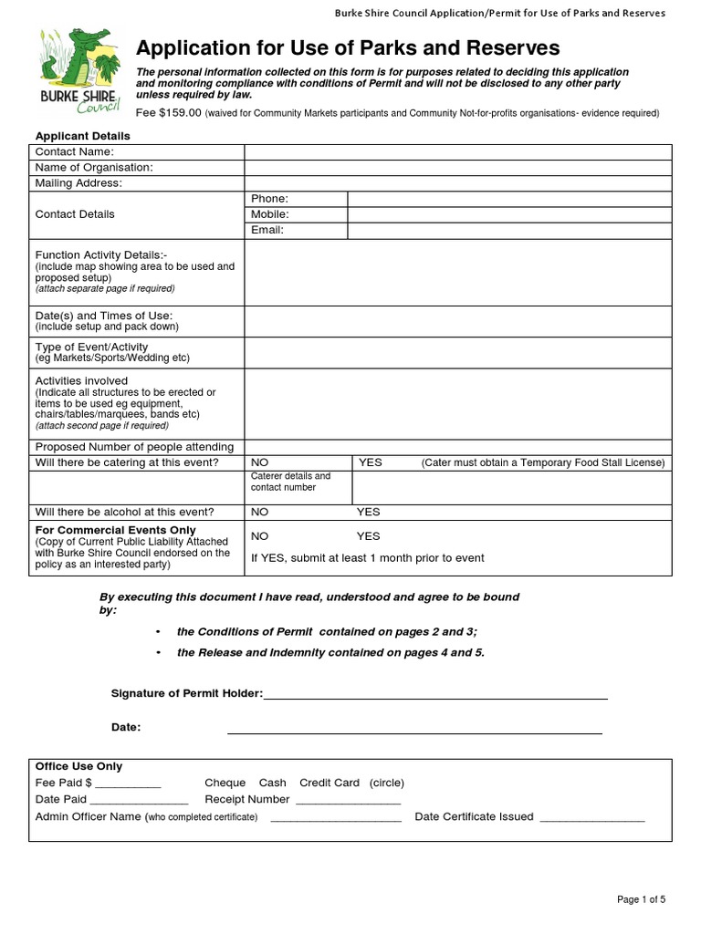Burke Shire Parks Use Application Form | PDF | Liability Insurance | Tort
