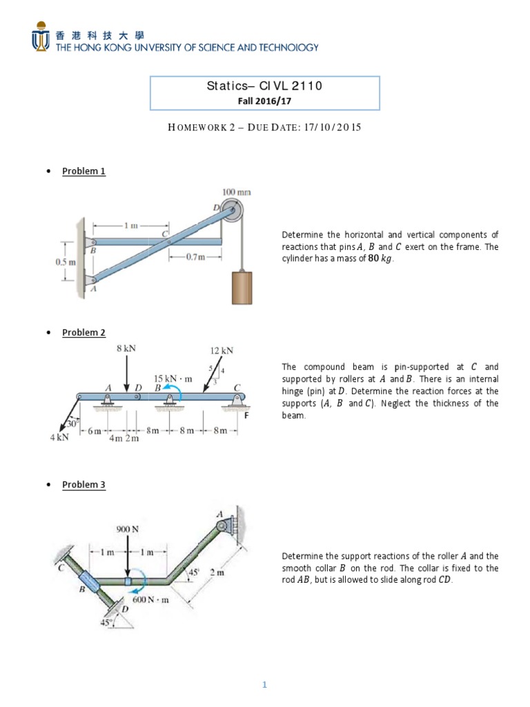Statics Homework Problems for CIVL 2110 | PDF