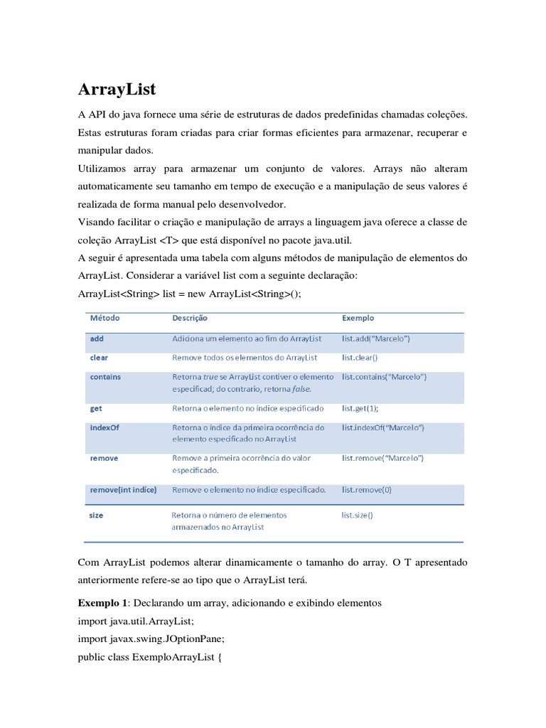 Resumo ArrayList | PDF | Estrutura de dados de matriz | Java (linguagem ...