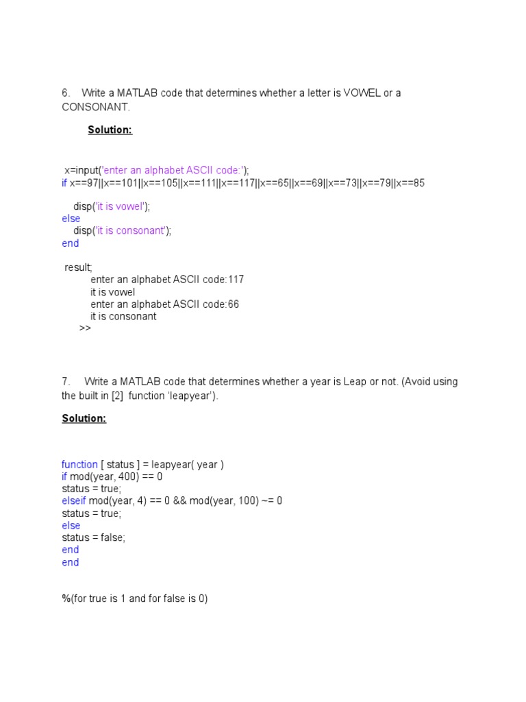 Determining Vowels, Consonants, and Leap Years with MATLAB Code | PDF