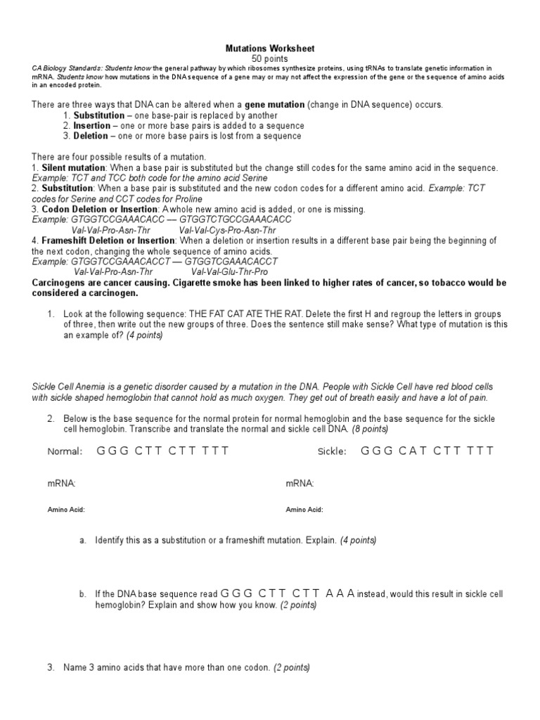 Worksheets Mutations Worksheet Answers mutations worksheet genetic code point mutation