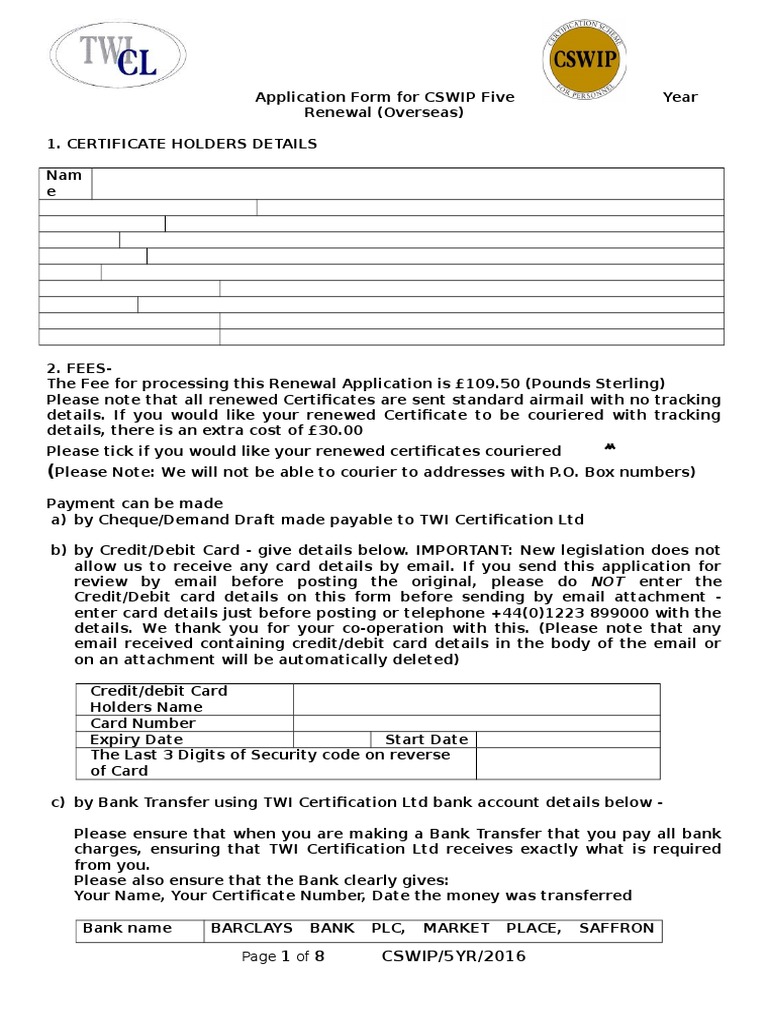 CSWIP Renewal Application Guidelines | PDF | Nondestructive Testing ...