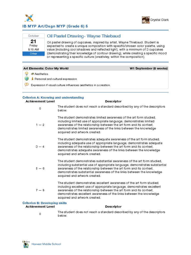 Oil Pastel Drawing Wayne Thiebaud Rubric PDF Composition (Visual