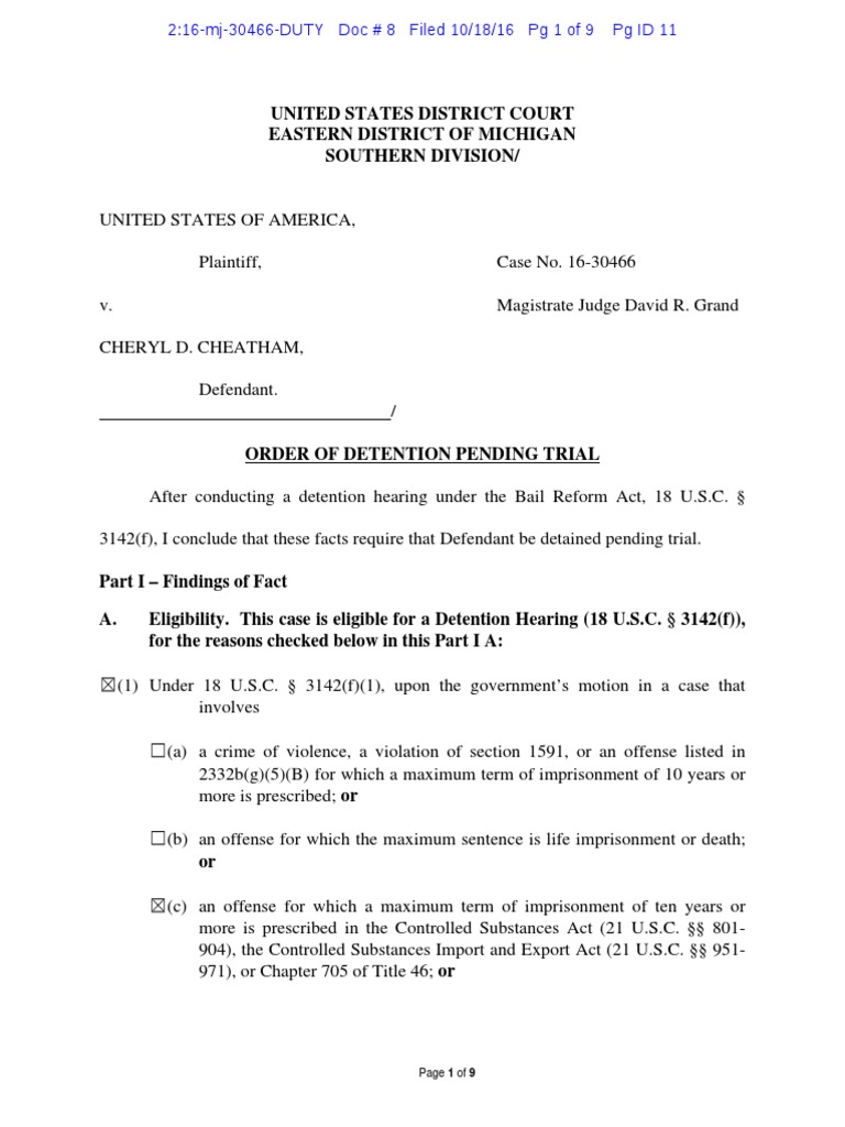 Order of Detention for Cheryl Cheatham | PDF | Probation | Remand ...